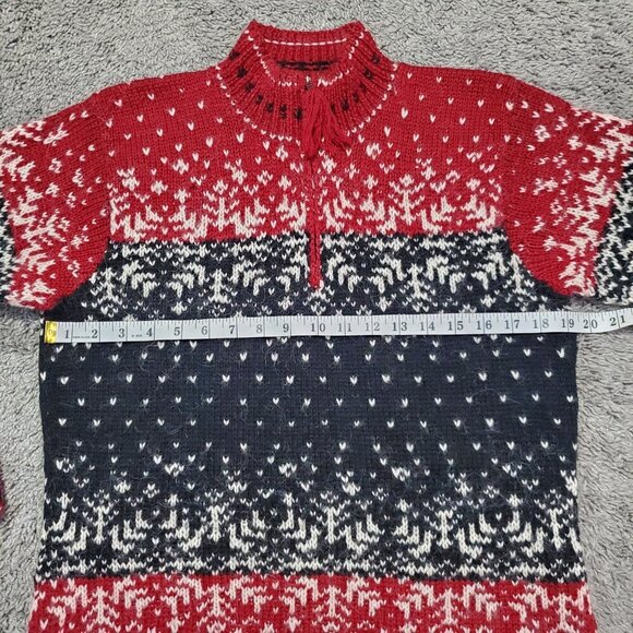 Vintage Lauren Ralph Lauren Hand Knit Wool Red Snowflake Quarter Zip Sweater - M - Picture 6 of 8